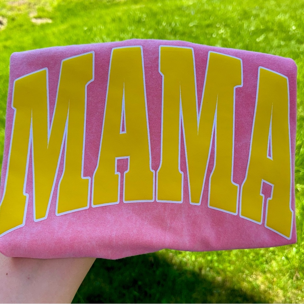 Gildan Pink Tee with Yellow 'MAMA' Print